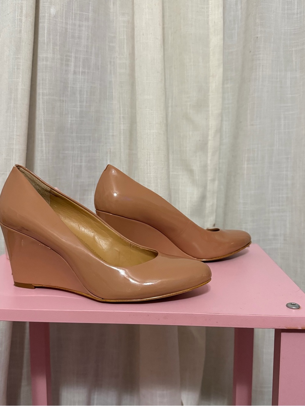 J. Crew Patent Leather Wedge Pumps in Nude Tan
